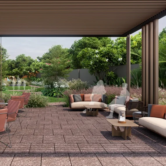 A shaded garden pavilion with sofas and armchairs at Orchid Salisbury