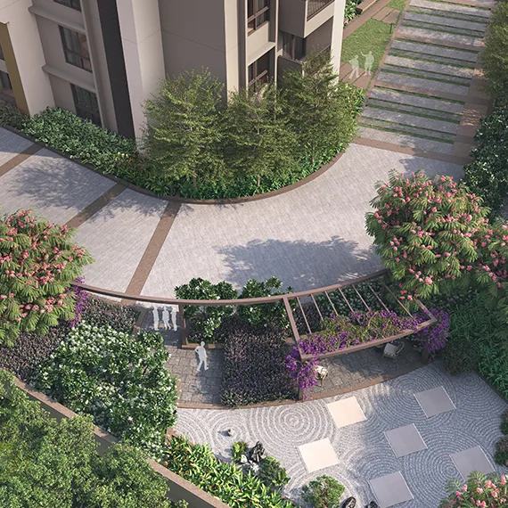 An aerial view of a curved drop-off, gardens and a pergola below a tower at Orchid Platinum